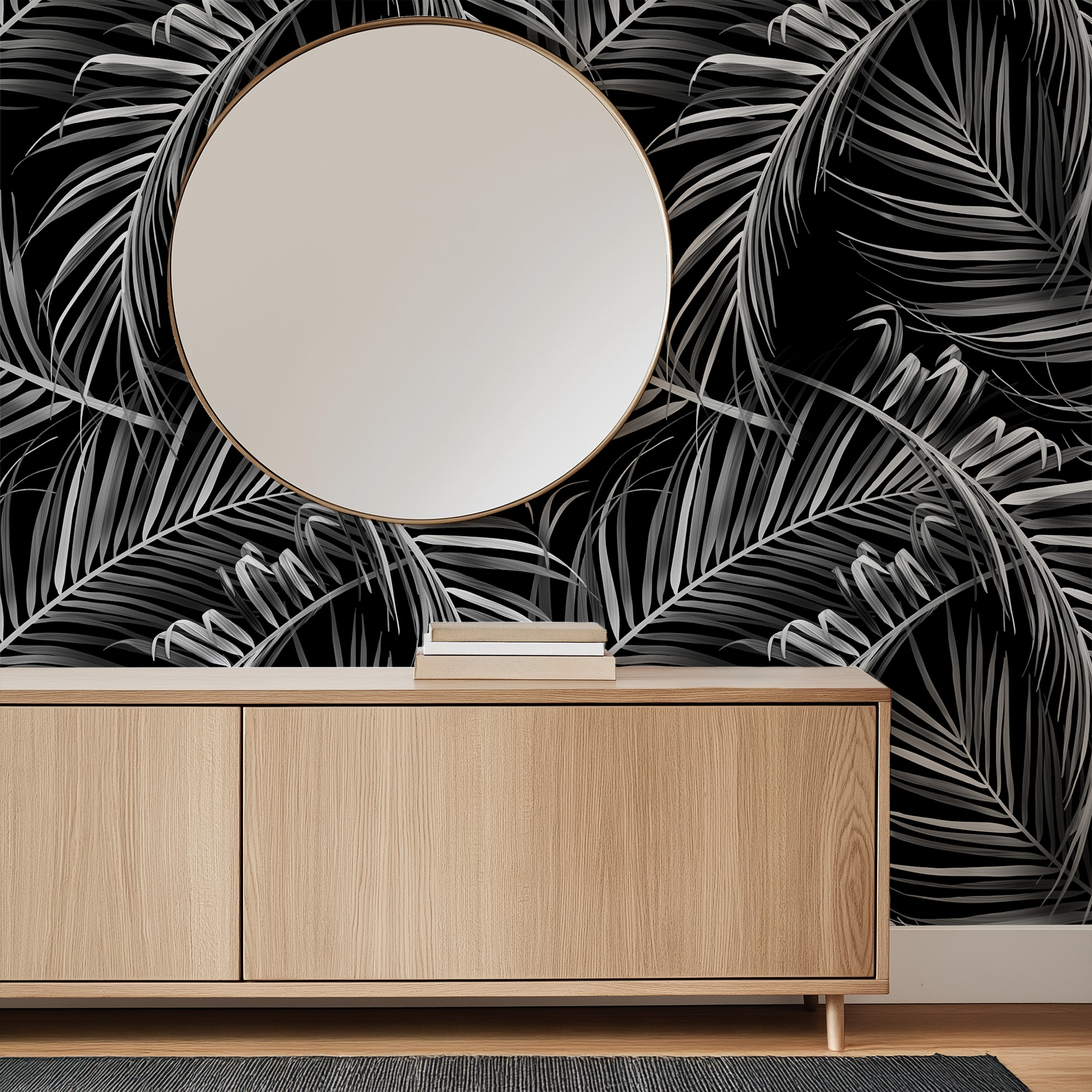 Modern Black and White Palm Leaf Peel and Stick Wallpaper, Large Scale Tropical Botanical Bathroom Wall Mural