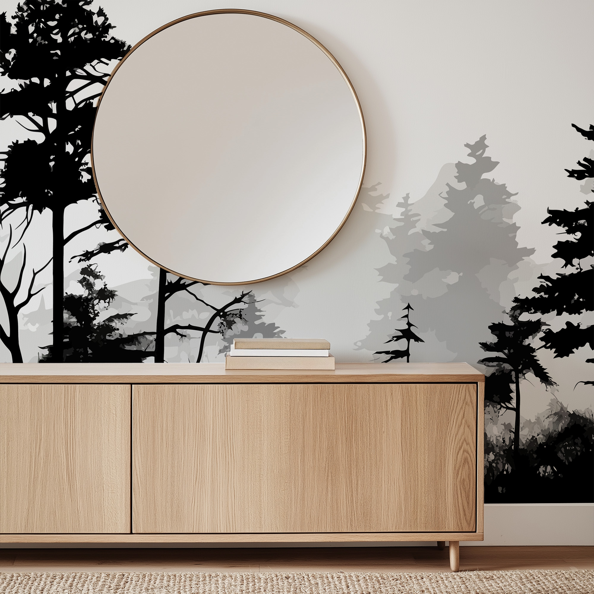 Modern Black and White Misty Forest Silhouette Peel and Stick Wallpaper, Dramatic Pine Tree Nature Wall Mural