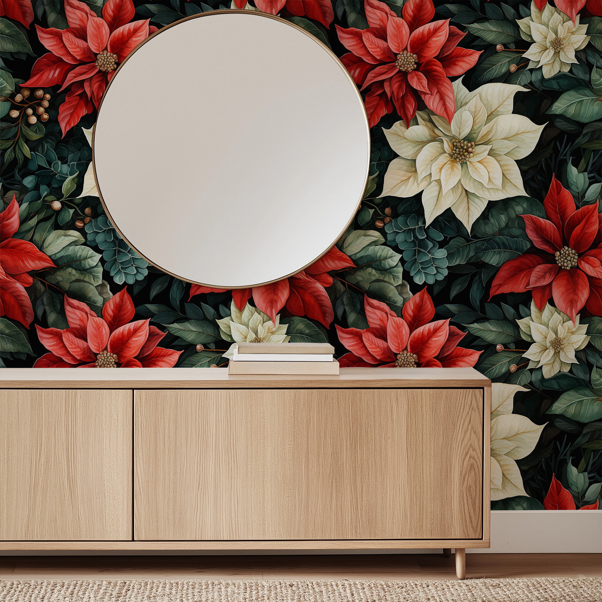 Moody Red and White Poinsettia Peel and Stick Wallpaper, Dark Winter Botanical Wall Mural, Bold Floral Entryway Decor