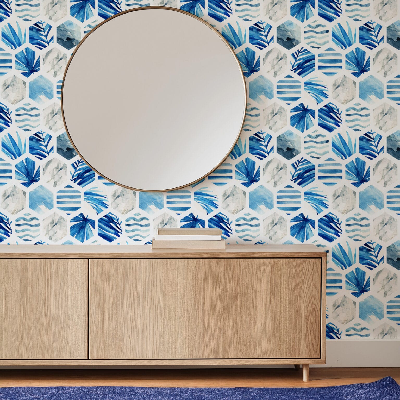 Blue Watercolor Hexagon Tropical Leaf Peel and Stick Wallpaper, Modern ...