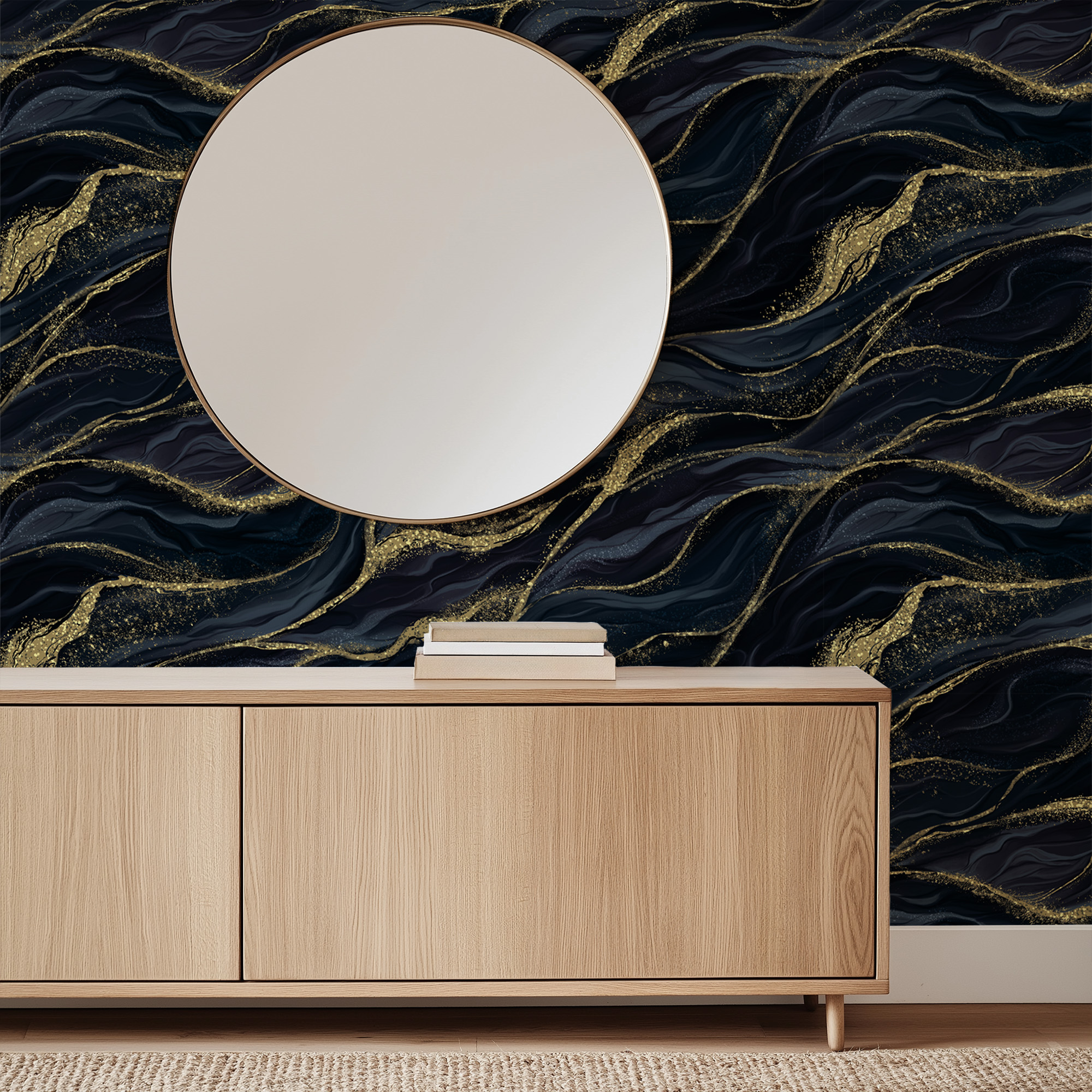 Luxury Black and Gold Marble Ink Peel and Stick Wallpaper, Navy Blue Gilded Fluid Wall Mural, Sophisticated Glam Decor