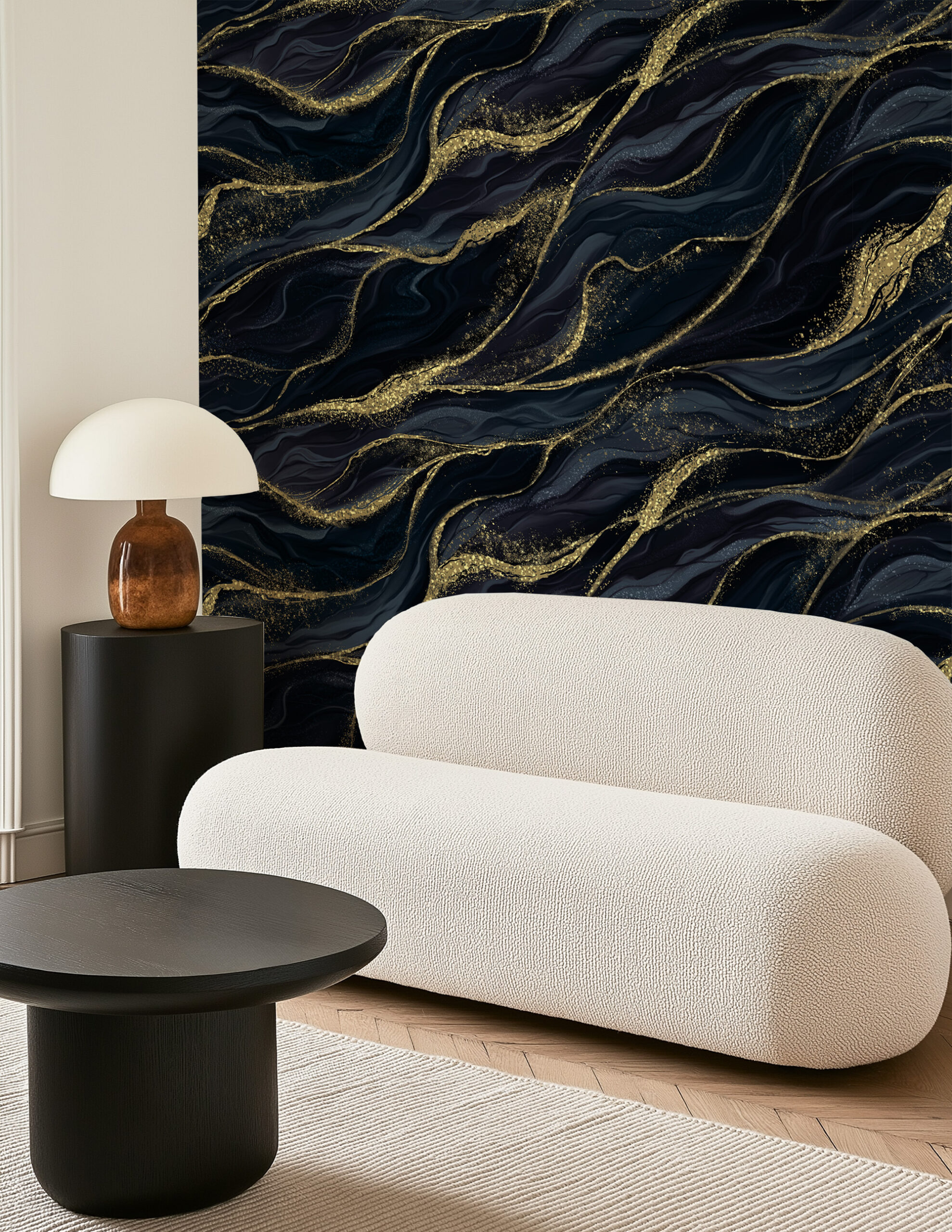 Luxury Black and Gold Marble Ink Peel and Stick Wallpaper, Navy Blue Gilded Fluid Wall Mural, Sophisticated Glam Decor
