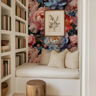Maximalist Moody Pink and Orange Peony Peel and Stick Wallpaper, Bold Large Scale Floral Wall Mural, Dark Contemporary Flower Decor