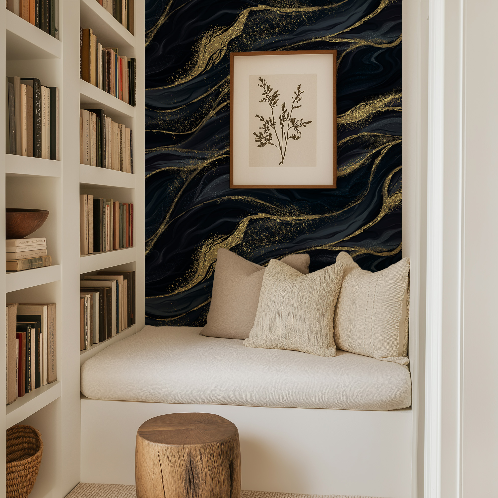 Luxury Black and Gold Marble Ink Peel and Stick Wallpaper, Navy Blue Gilded Fluid Wall Mural, Sophisticated Glam Decor