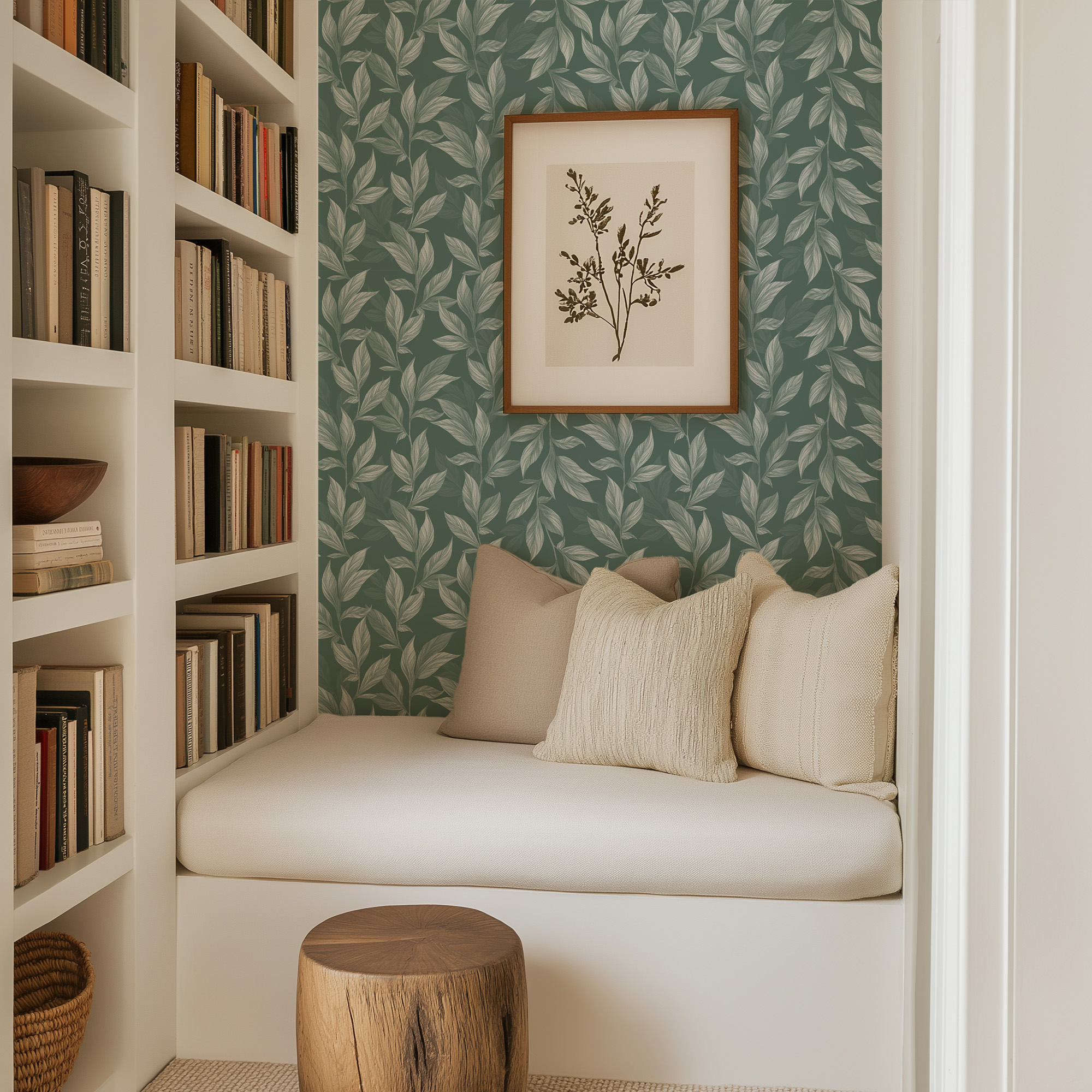 Sage Green and White Botanical Leaf Peel and Stick Wallpaper, Modern Teal Foliage Wall Mural
