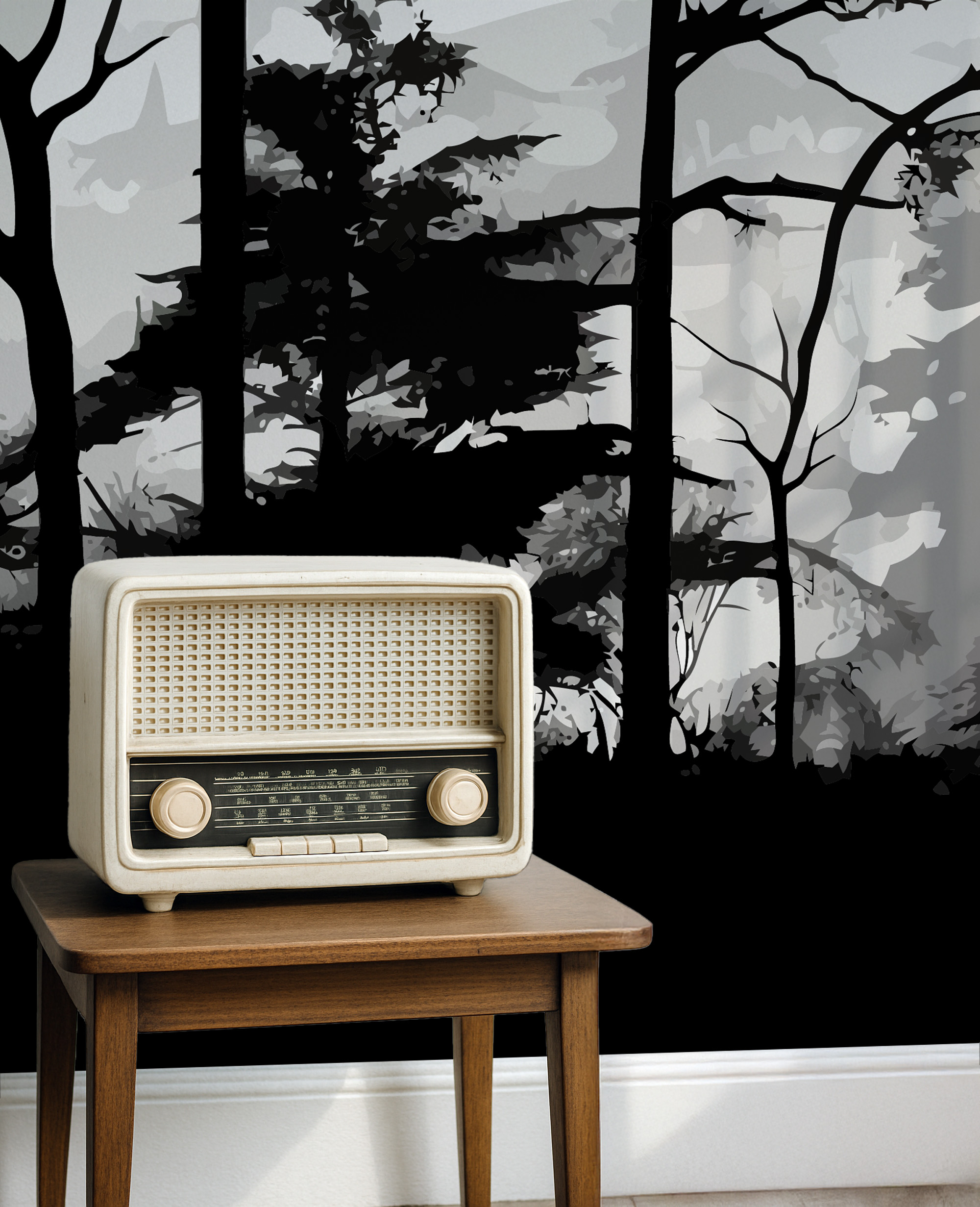 Modern Black and White Misty Forest Silhouette Peel and Stick Wallpaper, Dramatic Pine Tree Nature Wall Mural