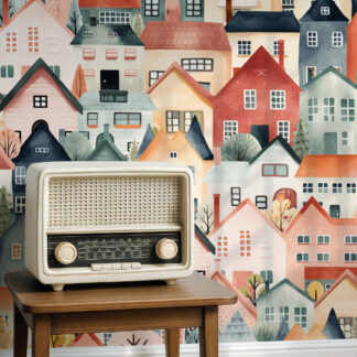 Modern Colorful Watercolor Village Peel and Stick Wallpaper, Vibrant Whimsical Town Wall Mural