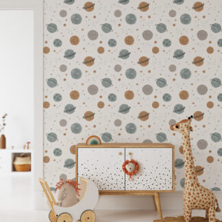 Happy Smiling Planets and Galaxy Kids Peel and Stick Wallpaper, Neutral Scandi Space Nursery Wall Mural