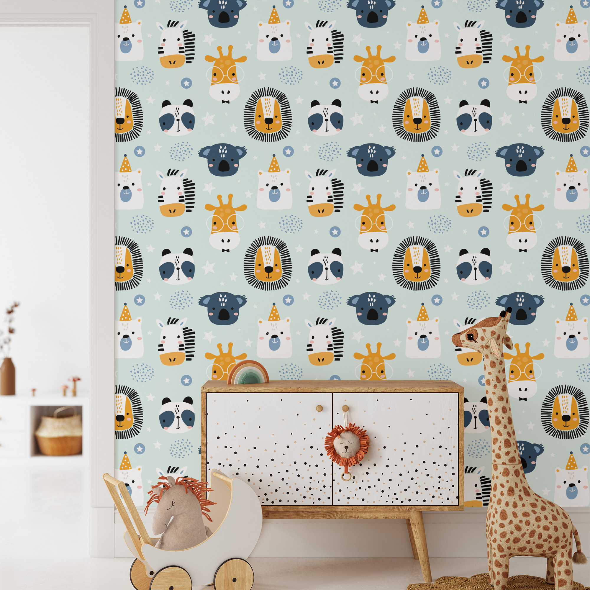 Cute Animal Faces Kids Wallpaper Peel and Stick, Playful Nursery Wall Mural, Illustrative Lion Panda Koala Giraffe Decor