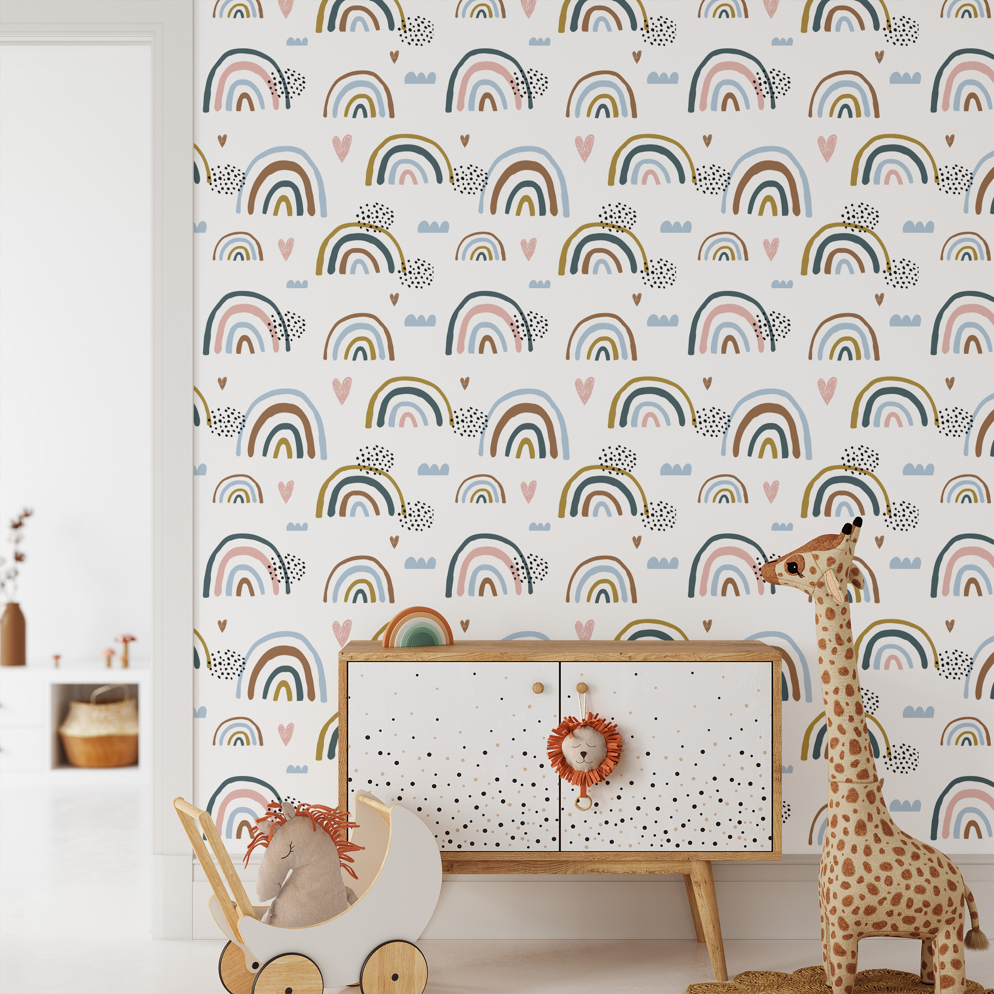 Boho Muted Rainbow Kids Peel and Stick Wallpaper, Earthy Hand-Drawn Nursery Wall Mural, Playful Scandi Decor