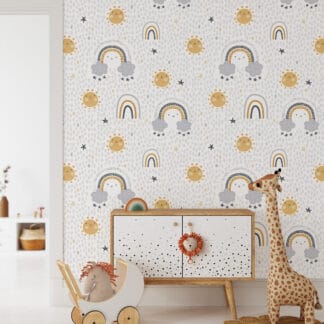 Happy Sun and Rainbow Kids Peel and Stick Wallpaper, Muted Mustard and Grey Nursery Wall Mural, Playful Scandi Decor