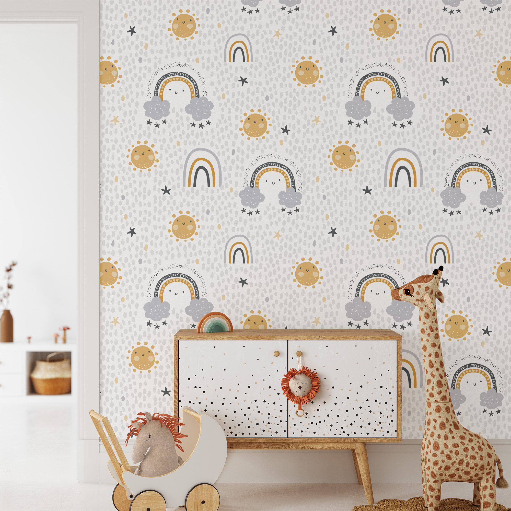 Happy Sun and Rainbow Kids Peel and Stick Wallpaper, Muted Mustard and Grey Nursery Wall Mural, Playful Scandi Decor