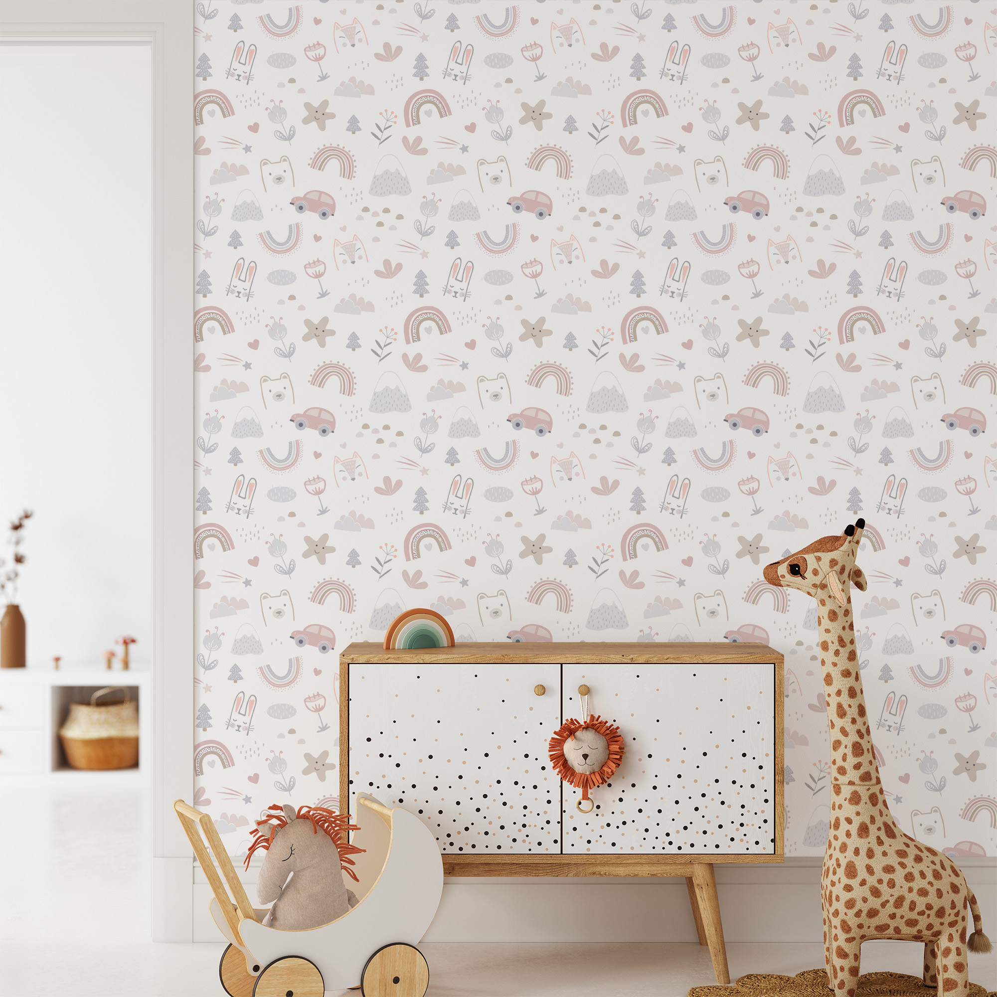 Whimsical Animal and Rainbow Adventure Kids Peel and Stick Wallpaper, Neutral Scandi Nursery Wall Mural