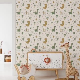 Green and Mustard Dinosaur Nursery Peel and Stick Wallpaper, Prehistoric Scandi Kids Wall Mural, Neutral Dino Decor