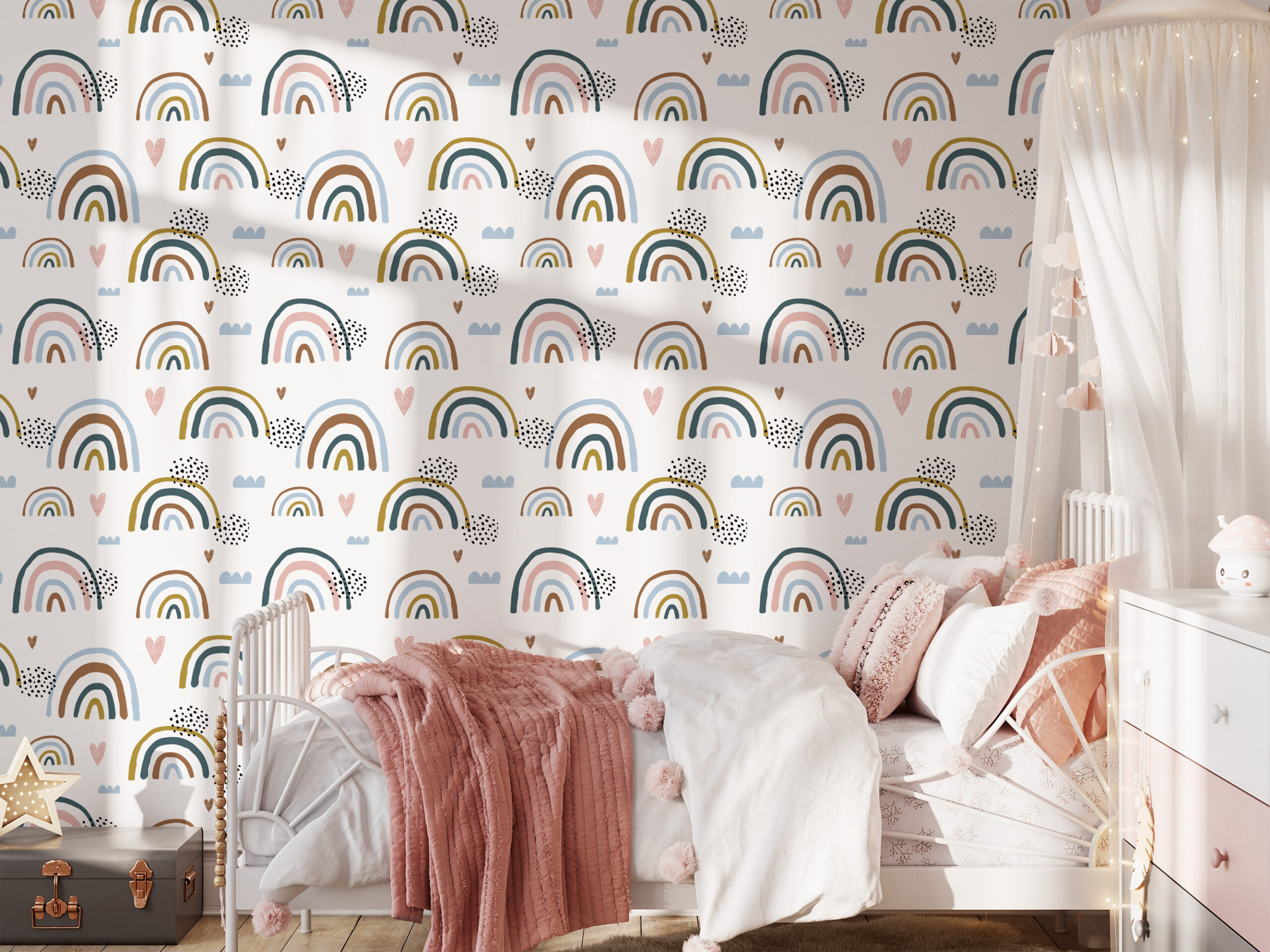Boho Muted Rainbow Kids Peel and Stick Wallpaper, Earthy Hand-Drawn Nursery Wall Mural, Playful Scandi Decor