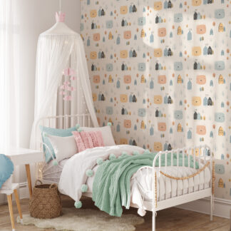 Scandi Bear and Tiny House Pattern Kids Peel and Stick Wallpaper, Nordic Cream Nursery Wall Mural, Whimsical Forest Village Decor