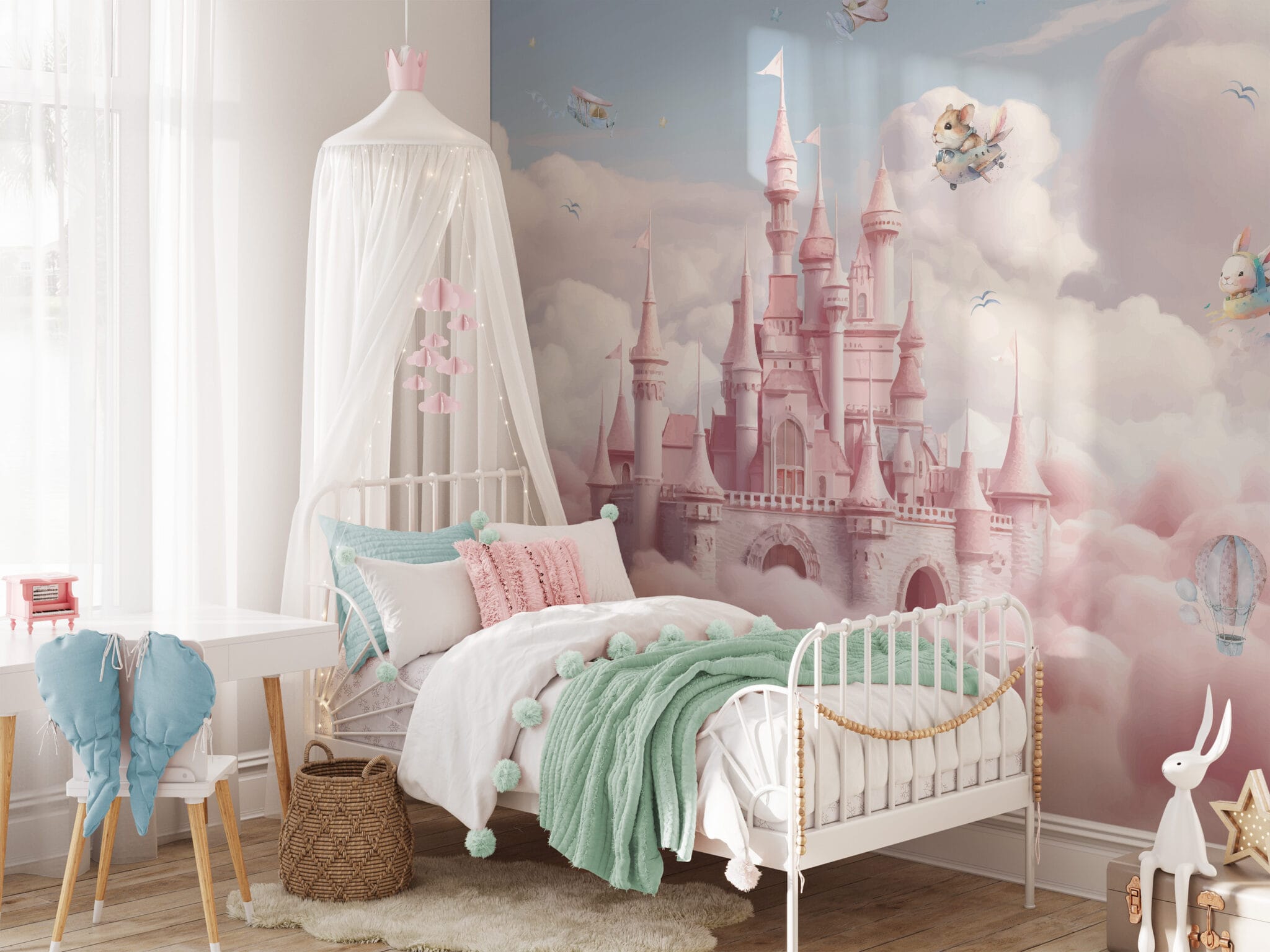 Watercolor Pink Fairytale Castle in the Clouds Kids Peel and Stick ...