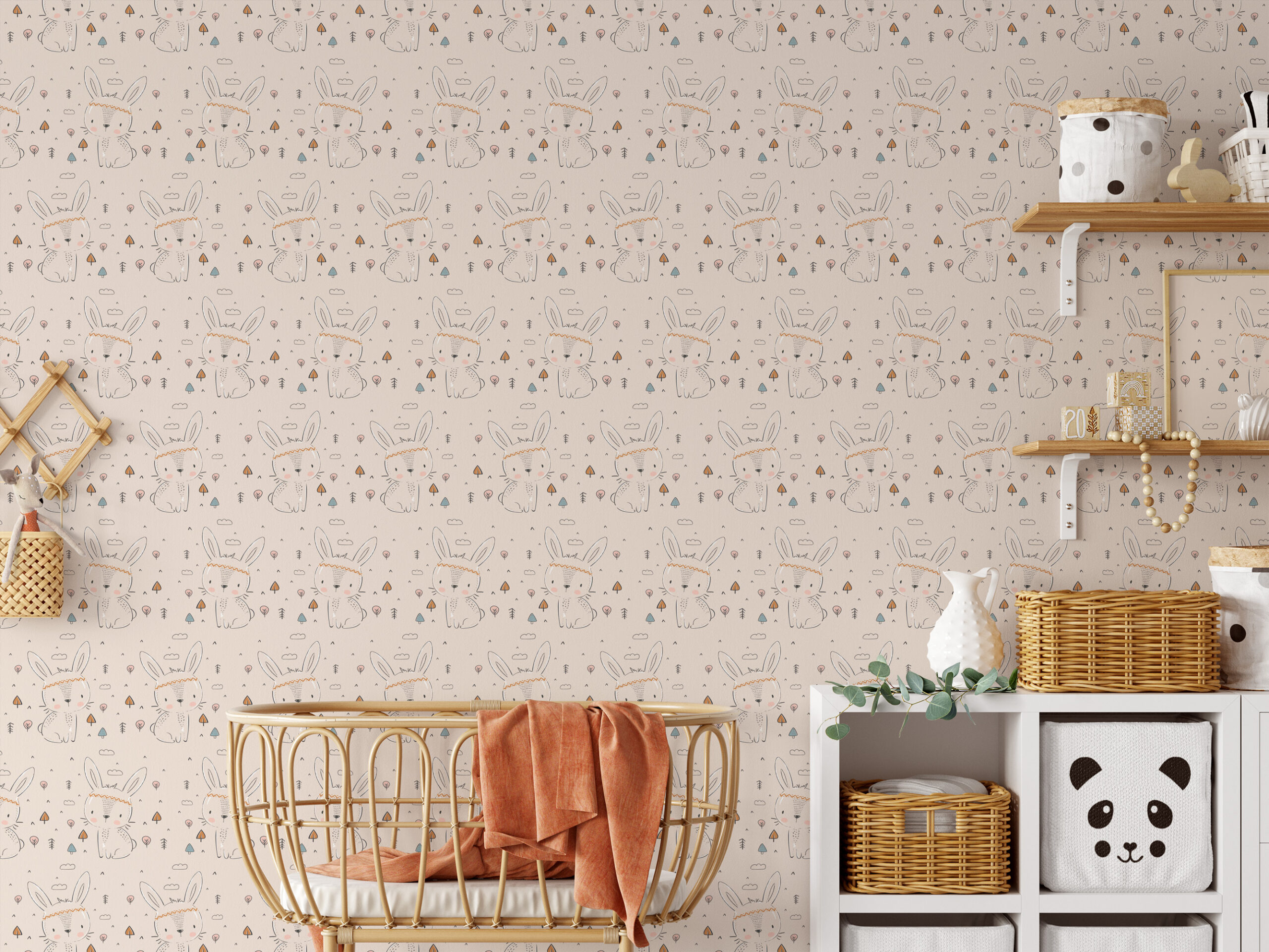 Boho Bunny and Woodland Pine Trees Kids Peel and Stick Wallpaper, Cute Pink Nursery Wall Mural