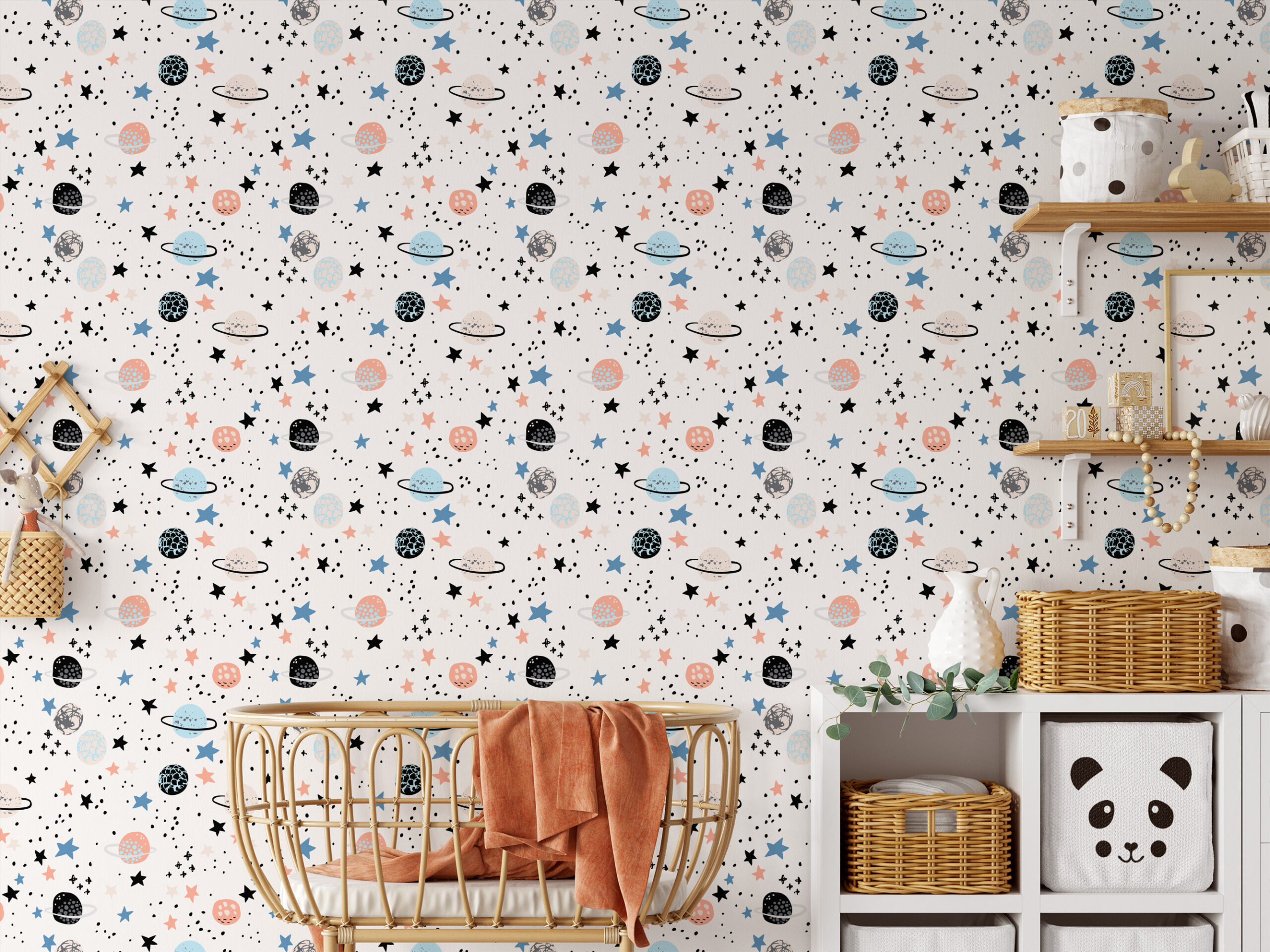 Modern Galaxy and Space Planets Kids Peel and Stick Wallpaper, Minimalist Starry Night Nursery Wall Mural