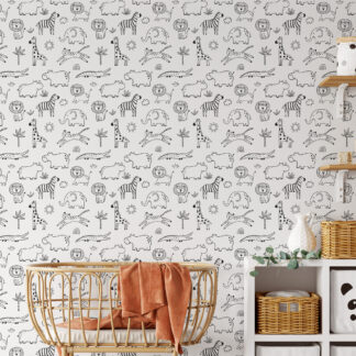 Black and White Safari Animals Line Art Kids Peel and Stick Wallpaper, Modern Scandi Nursery Wall Mural