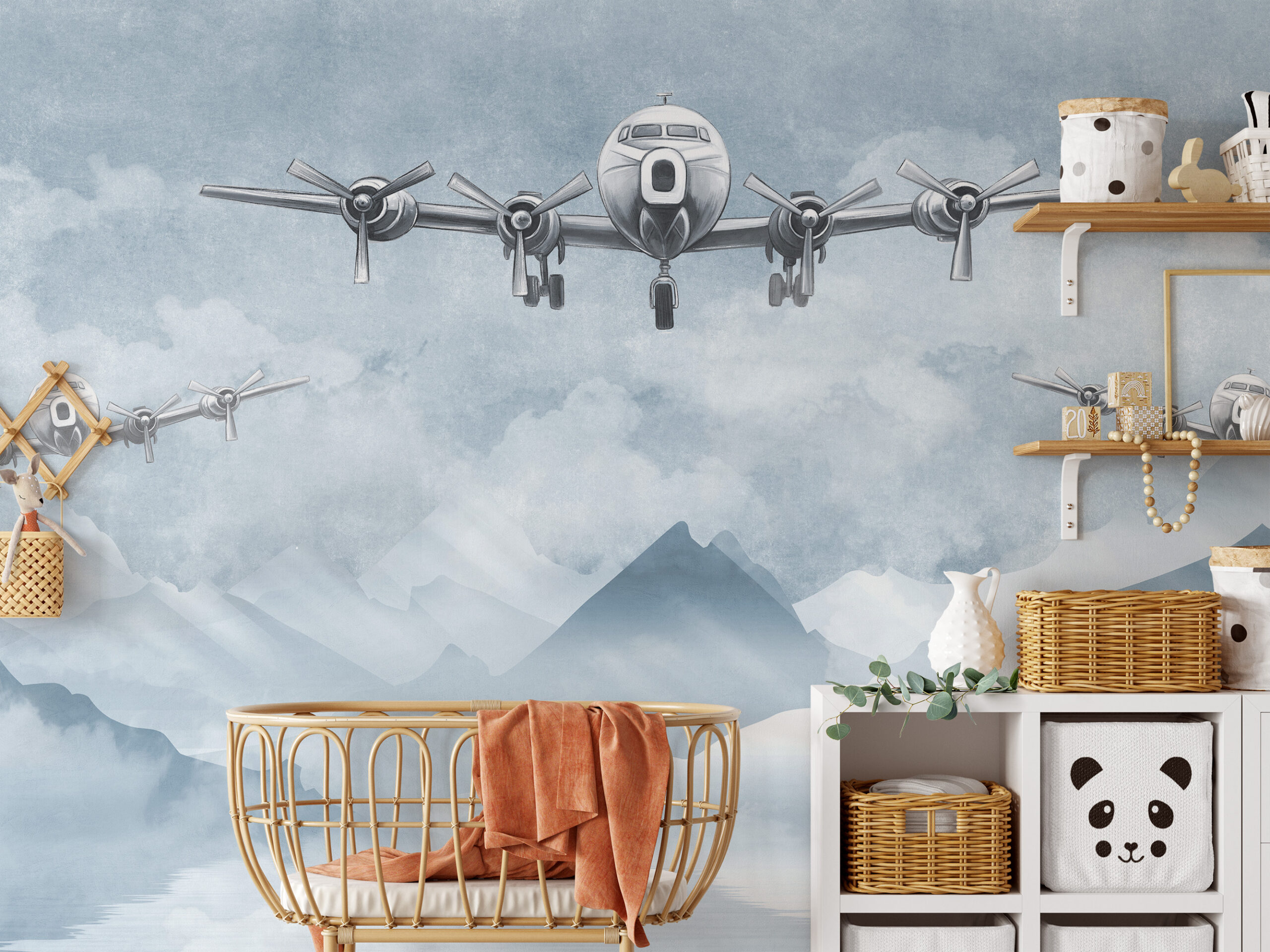 Modern Vintage Airplane and Clouds Peel and Stick Wallpaper, Aviation Themed Kids Room Wall Mural
