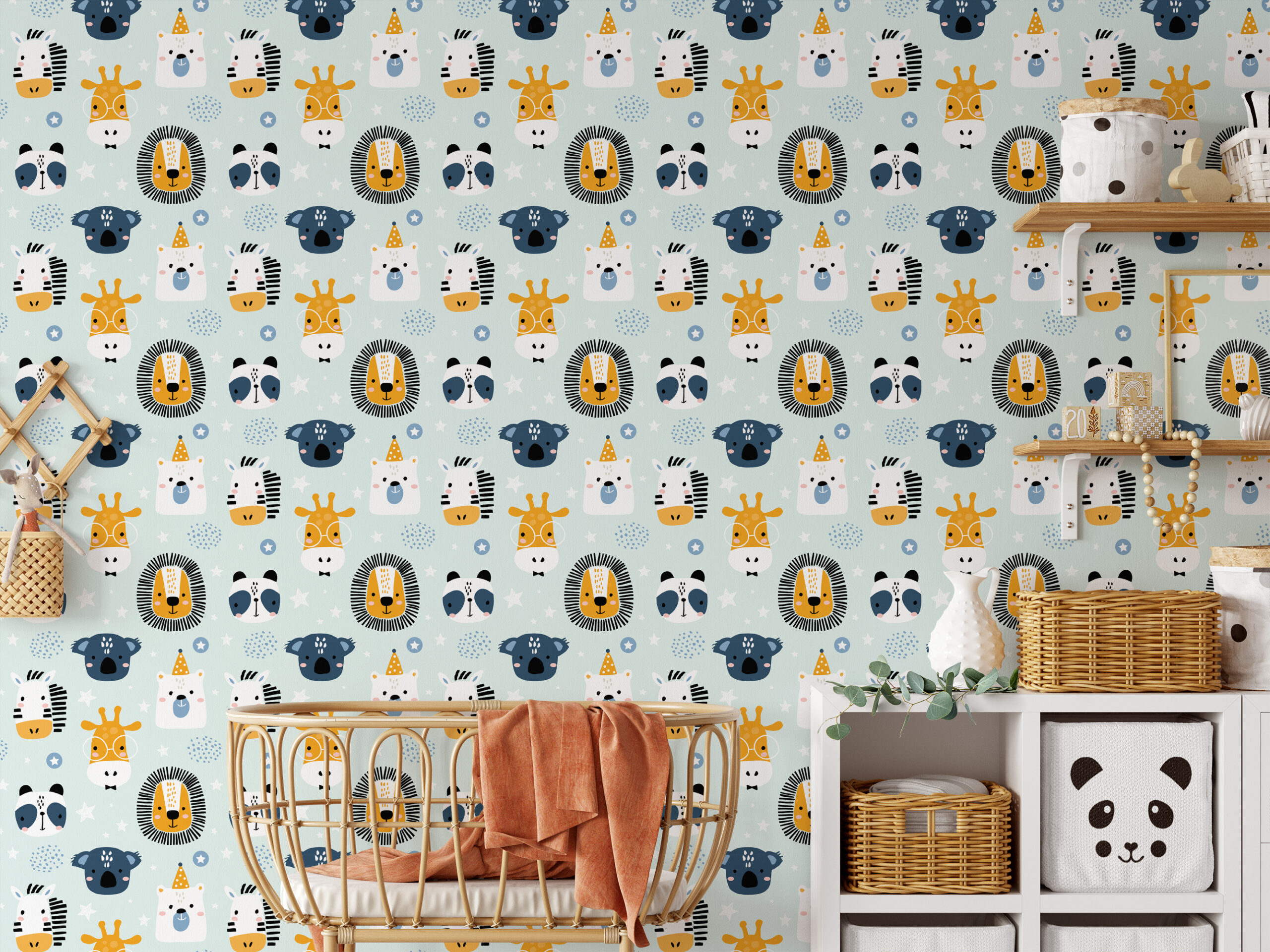 Cute Animal Faces Kids Wallpaper Peel and Stick, Playful Nursery Wall Mural, Illustrative Lion Panda Koala Giraffe Decor