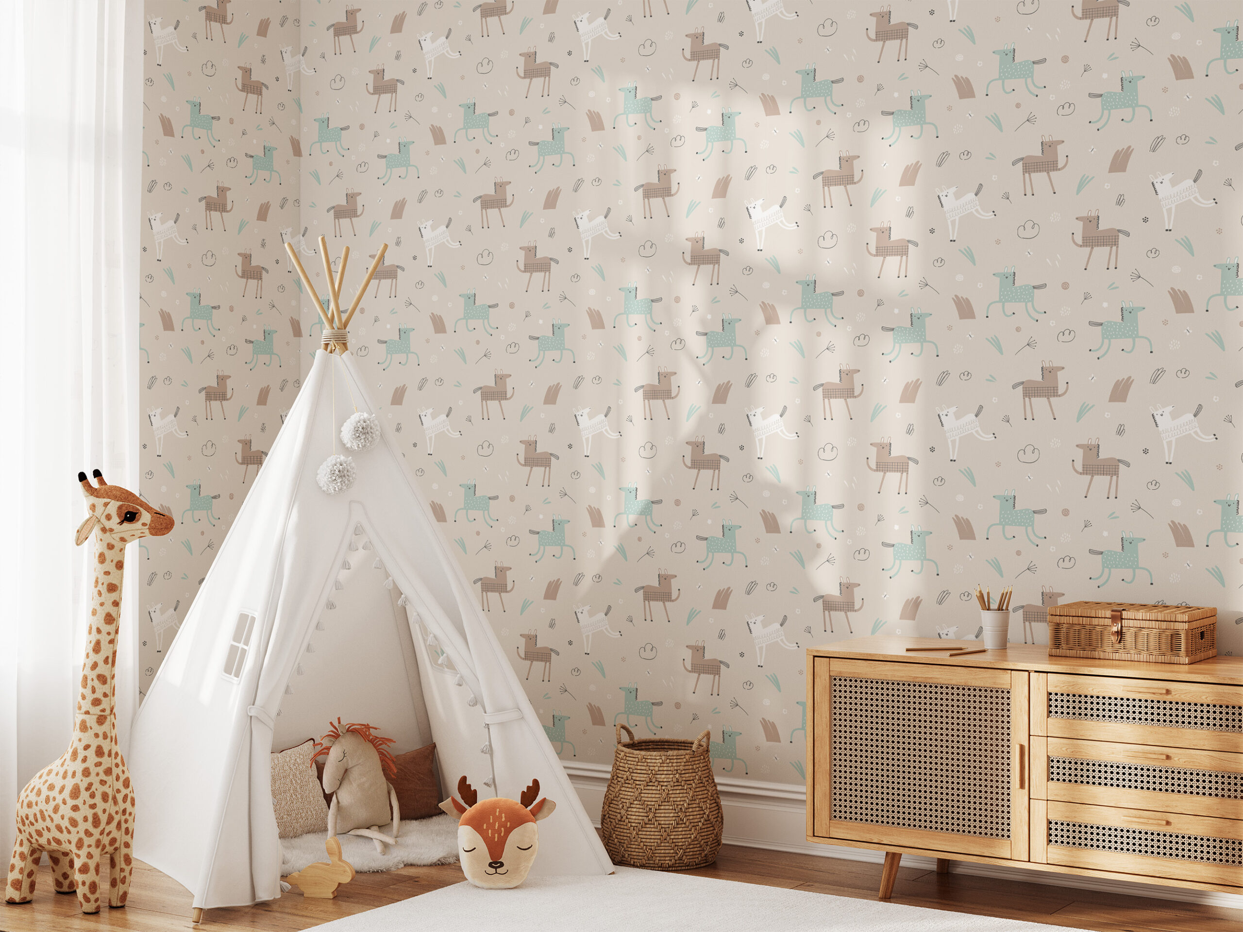 Cute Horse Pattern Kids Peel and Stick Wallpaper, Scandi Muted Teal and Brown Nursery Wall Mural, Minimalist Animal Decor