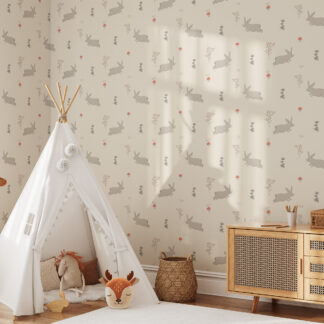 Minimalist Rabbit and Mushroom Kids Peel and Stick Wallpaper, Neutral Woodland Nursery Wall Mural, Earthy Bunny Decor