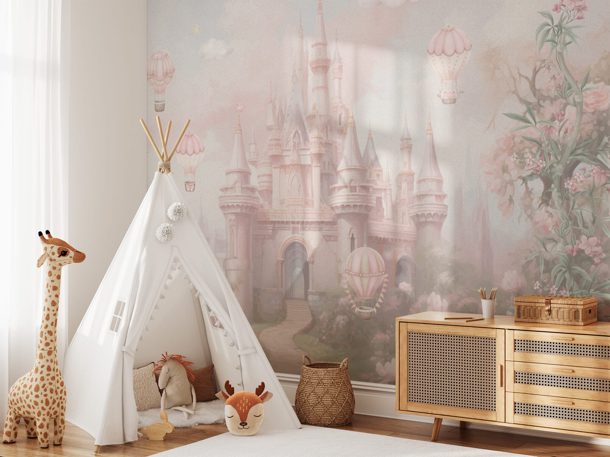 Watercolor Pink Princess Castle and Hot Air Balloon Kids Peel and Stick ...