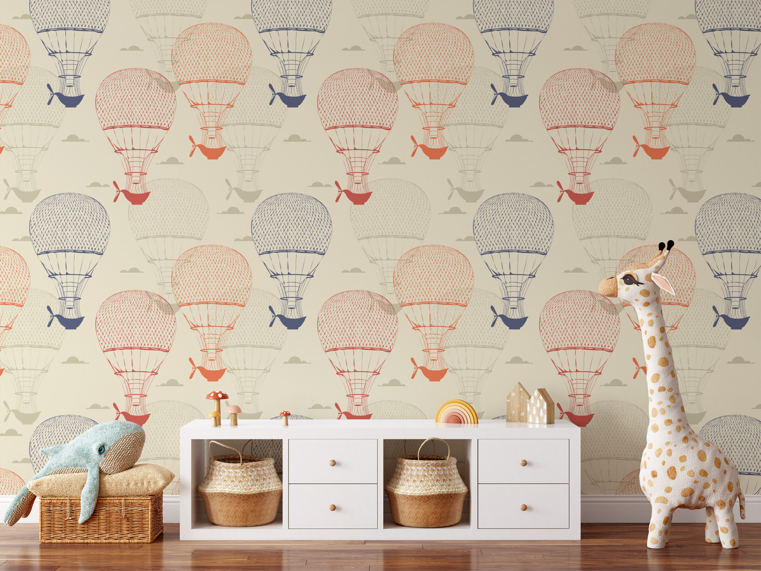Vintage Hot Air Balloon Kids Peel and Stick Wallpaper, Antique Engraving Style Nursery Wall Mural, Classic Adventure Decor