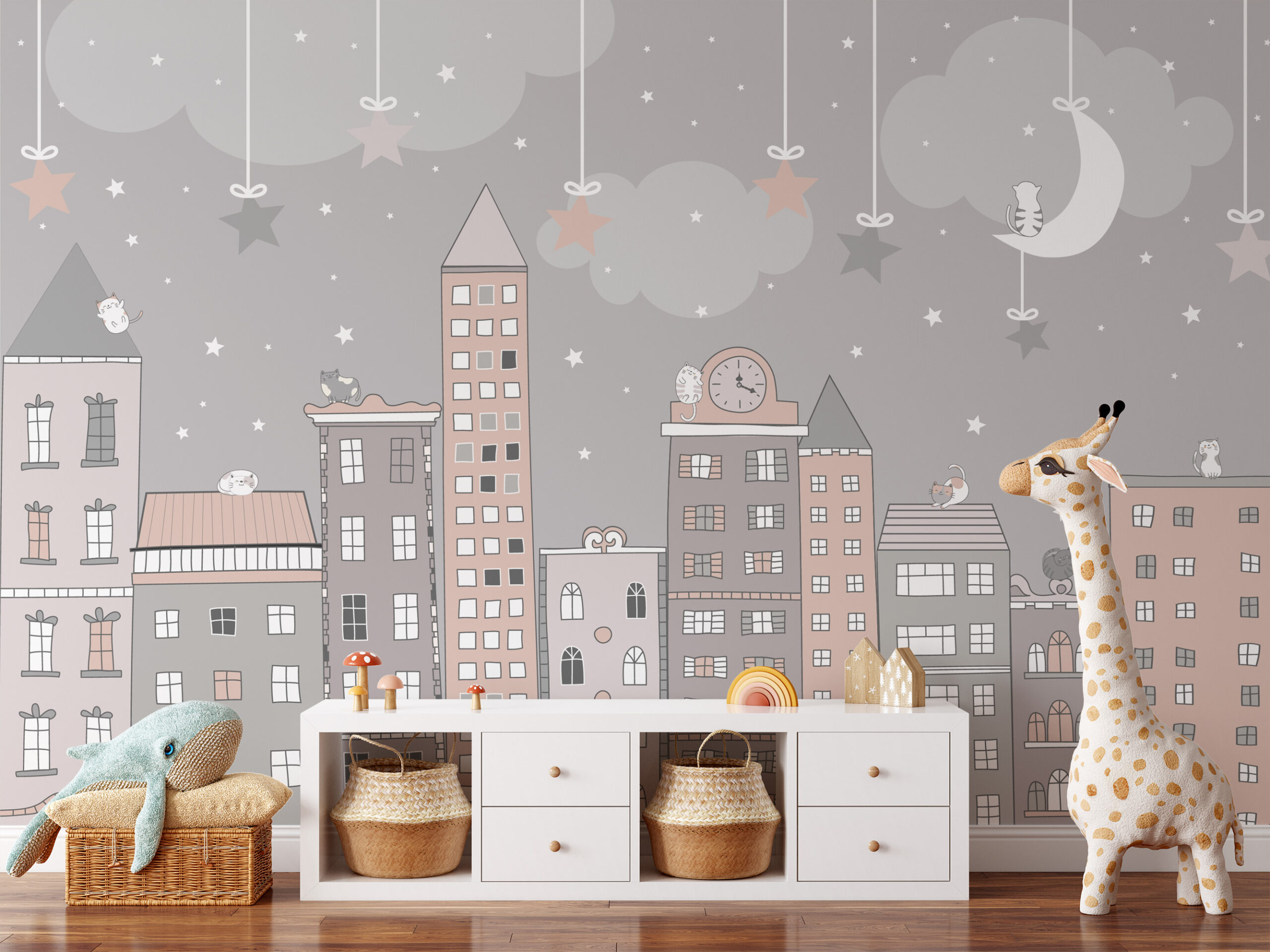 Whimsical Cityscape and Buildings Kids Peel and Stick Wallpaper, Pink and Grey City Nursery Wall Mural, Playful Urban Decor