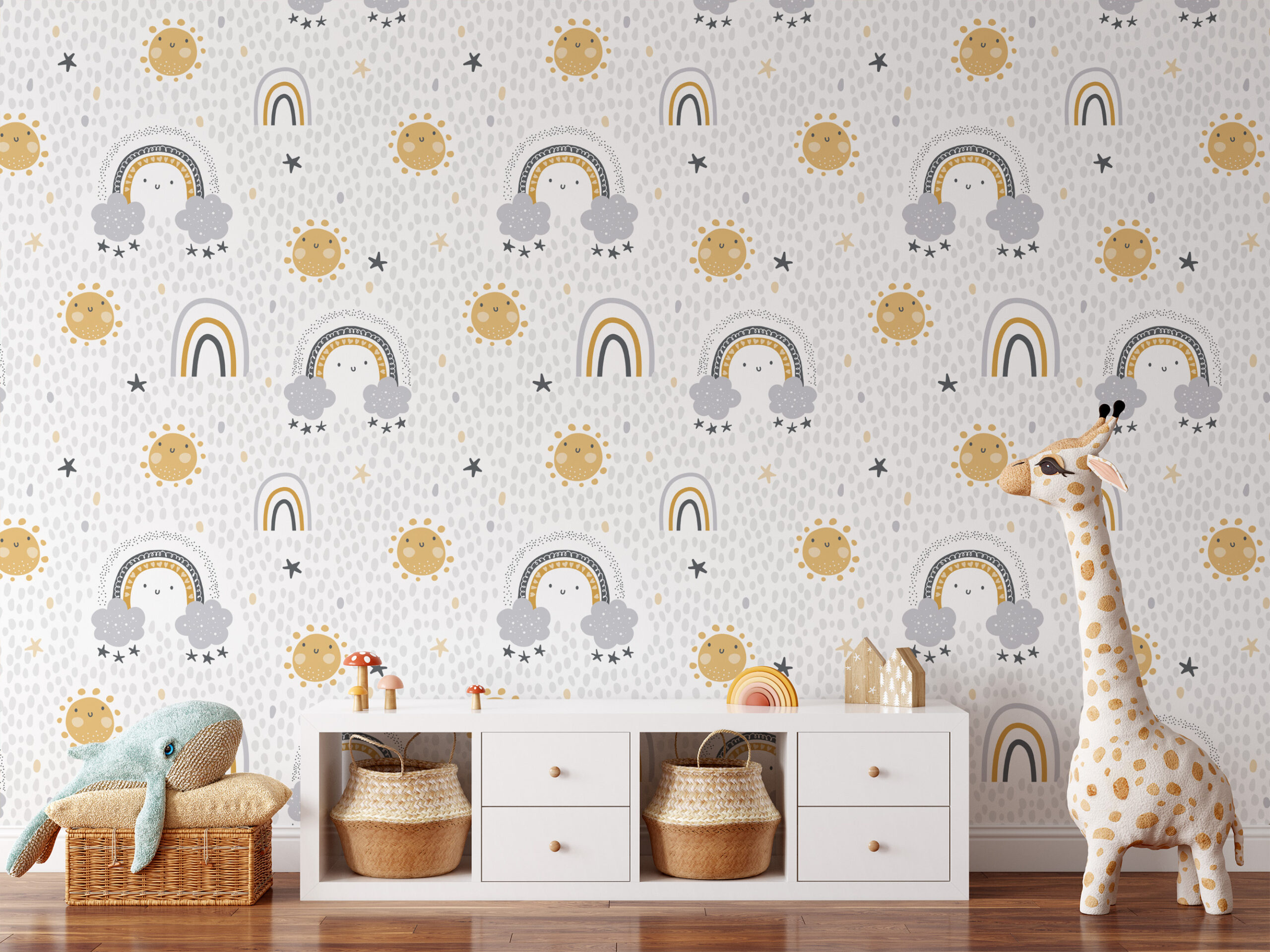Happy Sun and Rainbow Kids Peel and Stick Wallpaper, Muted Mustard and Grey Nursery Wall Mural, Playful Scandi Decor