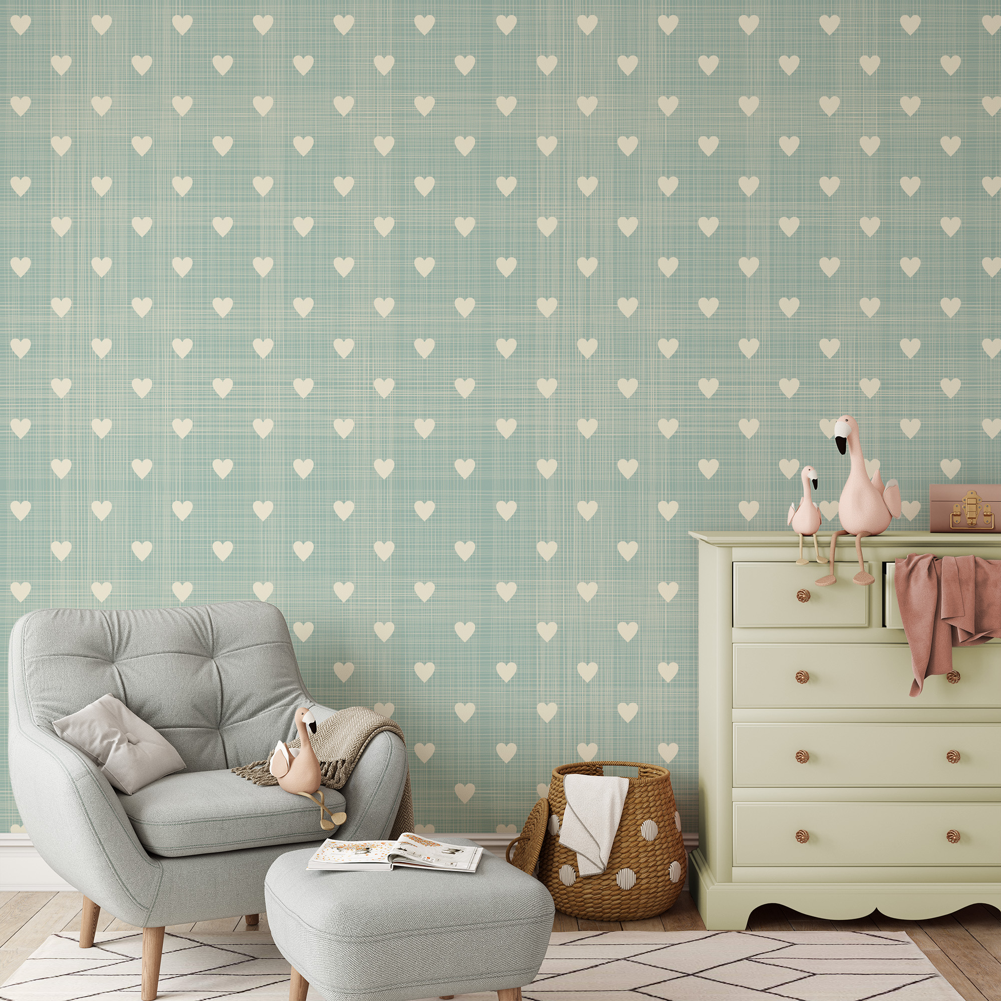 Teal Linen Texture Heart Pattern Peel and Stick Wallpaper, Minimalist Sage Green Nursery Wall Mural, Removable Kids Room Decor