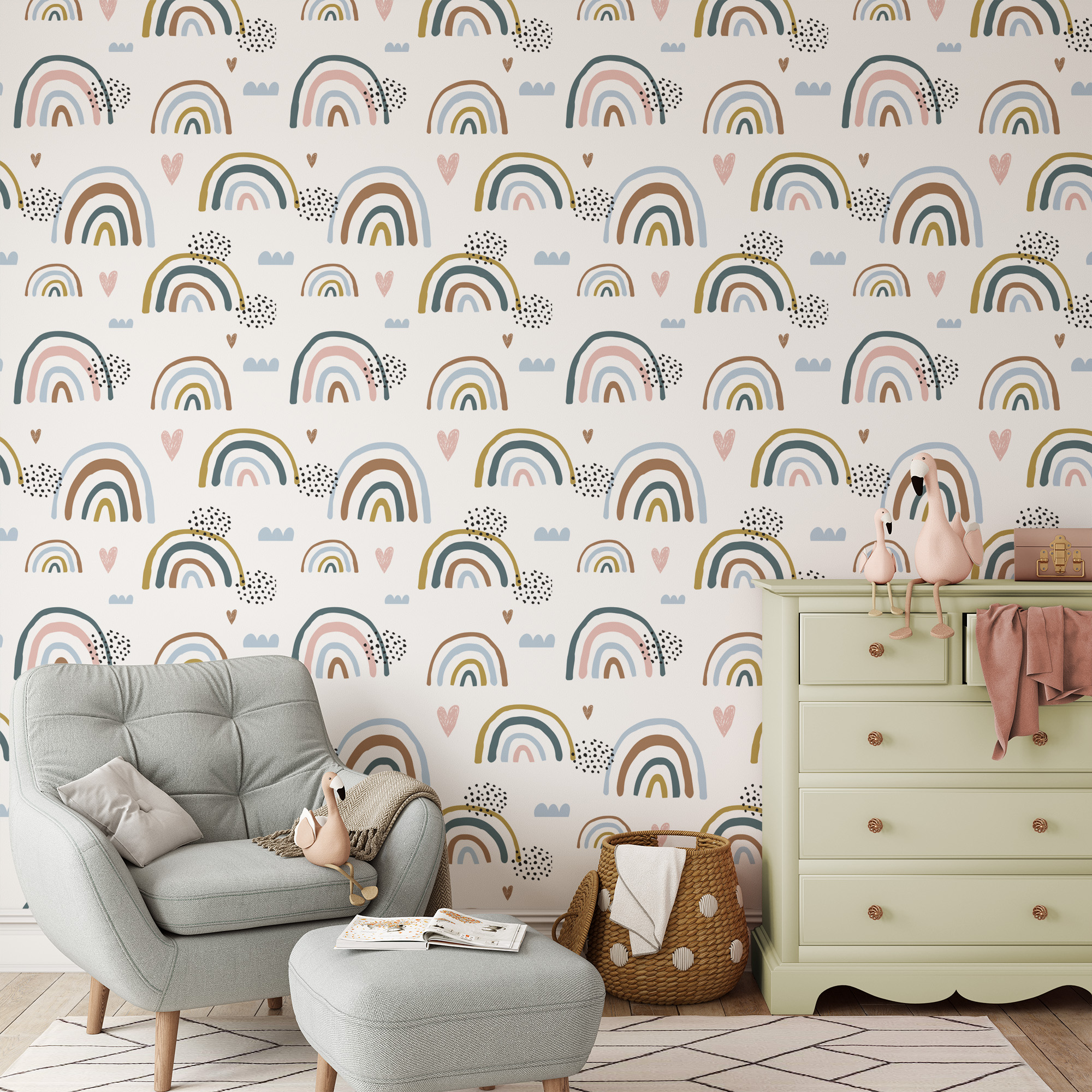 Boho Muted Rainbow Kids Peel and Stick Wallpaper, Earthy Hand-Drawn Nursery Wall Mural, Playful Scandi Decor