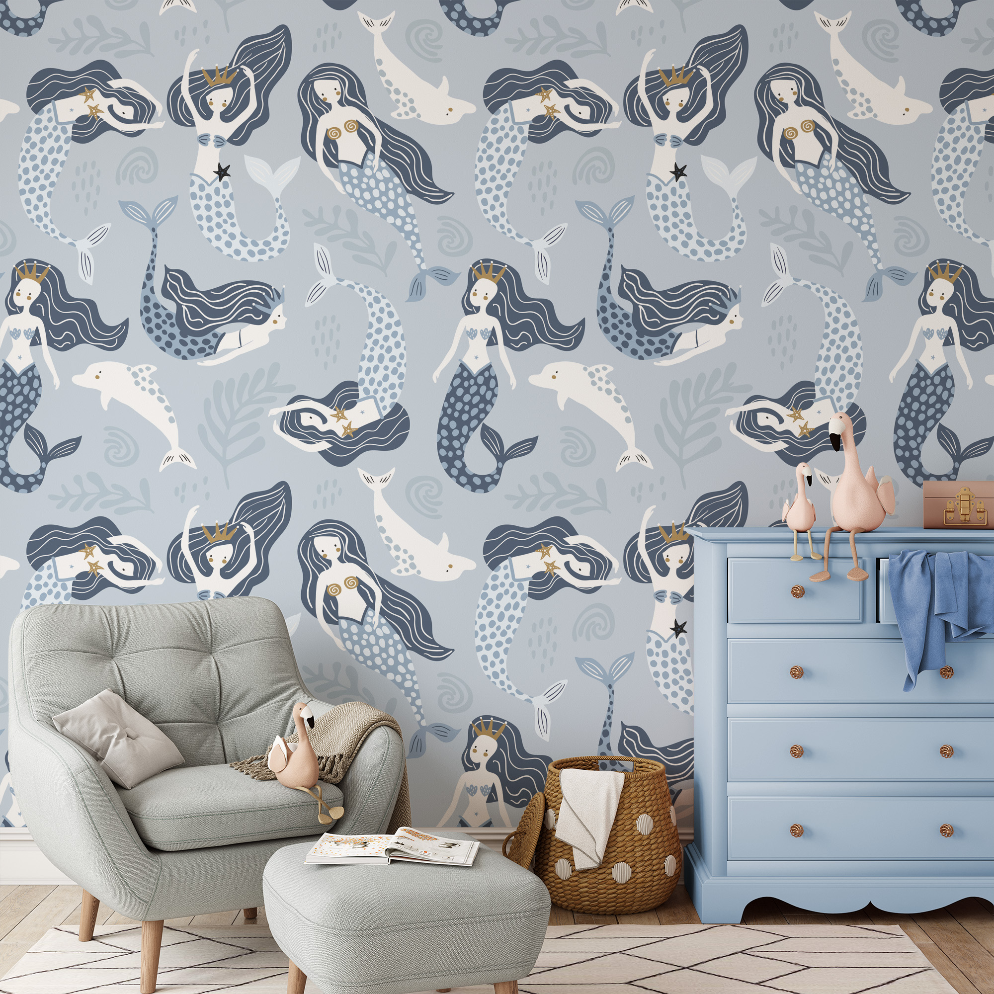 Blue Mermaid and Dolphin Nursery Peel and Stick Wallpaper, Nautical Ocean Kids Wall Mural, Under the Sea Decor