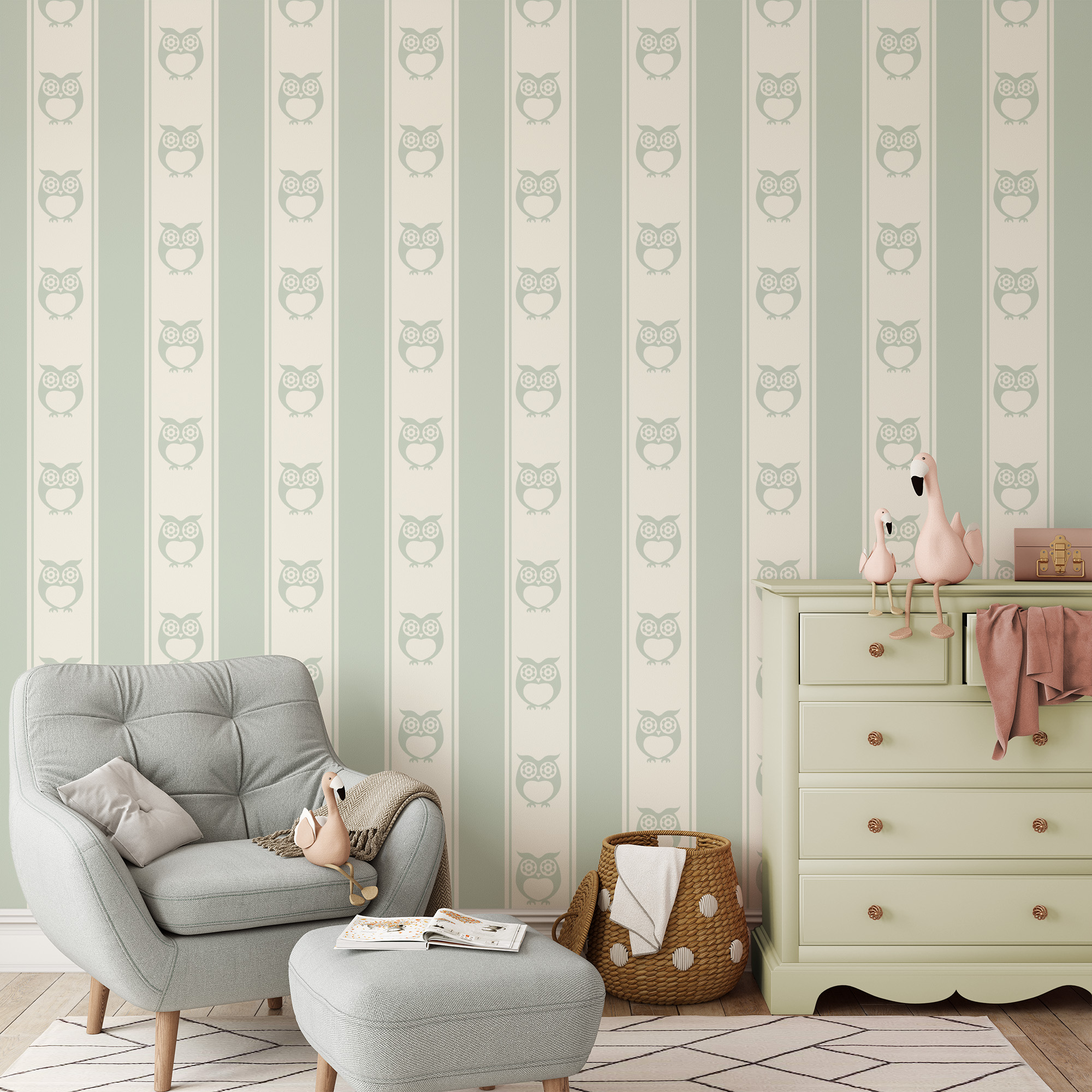 Minimalist Sage Green Owl and Vertical Stripes Kids Peel and Stick Wallpaper, Scandi Nursery Wall Mural