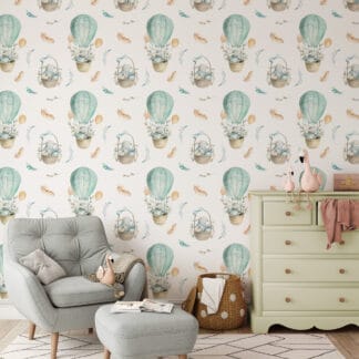 Whimsical Bunny in Mint Hot Air Balloon Kids Peel and Stick Wallpaper, Watercolor Nursery Wall Mural, Scandi Animal Decor