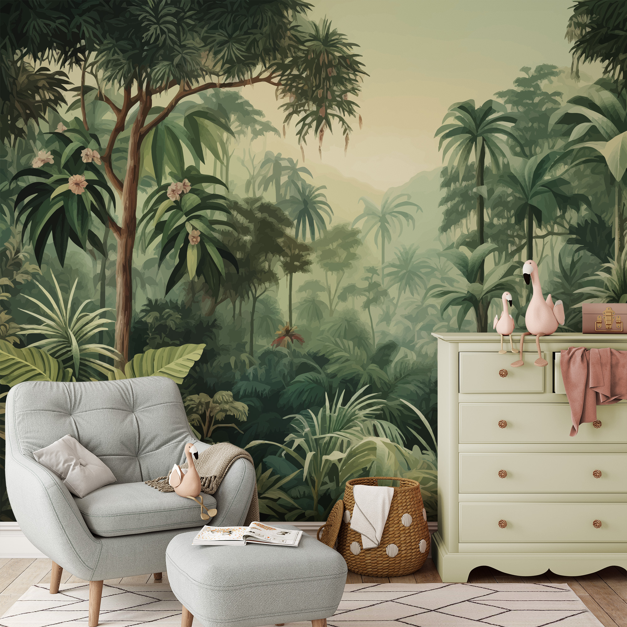 Modern Lush Tropical Jungle Peel and Stick Wallpaper, Illustrative Green Palm Forest Wall Mural