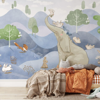 Watercolor Blue Elephant and Woodland Friends Kids Peel and Stick Wallpaper, Dreamy Azure Forest Nursery Wall Mural