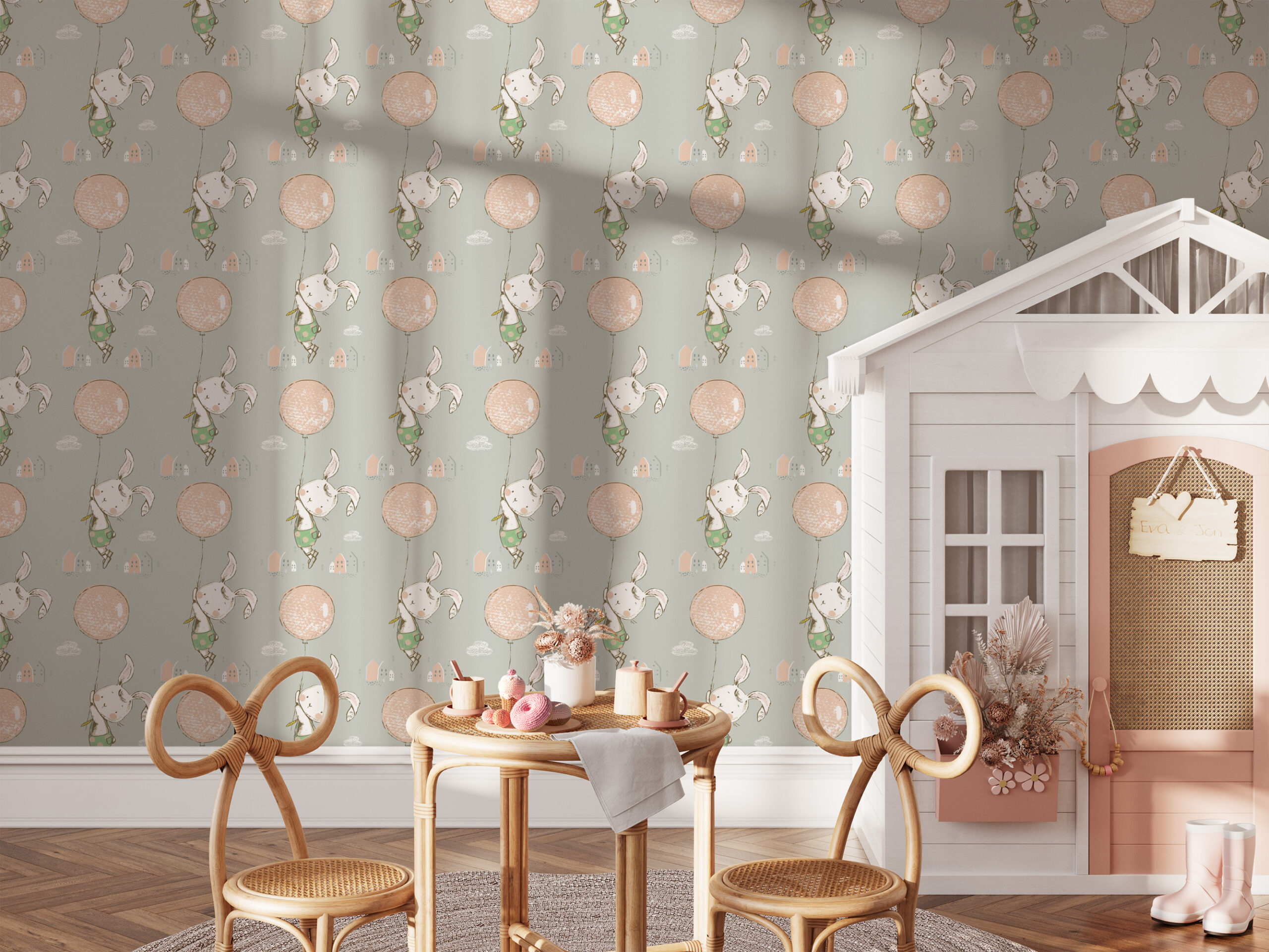 Whimsical Bunny with Pink Balloon Kids Peel and Stick Wallpaper, Soft Mint Scandi Nursery Wall Mural, Playful Animal Decor