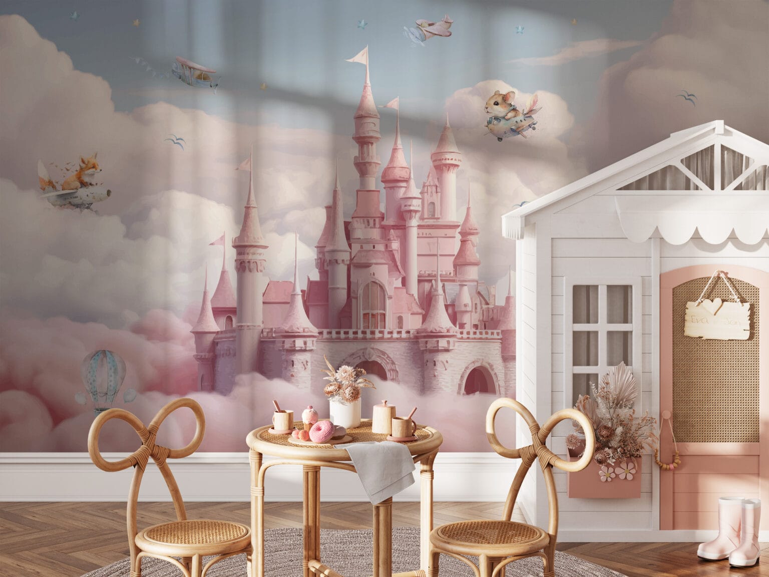 Watercolor Pink Fairytale Castle in the Clouds Kids Peel and Stick ...
