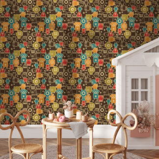 Retro Robot Party Kids Peel and Stick Wallpaper, Colorful Vintage Robot Nursery Wall Mural, Geeky Playroom Decor