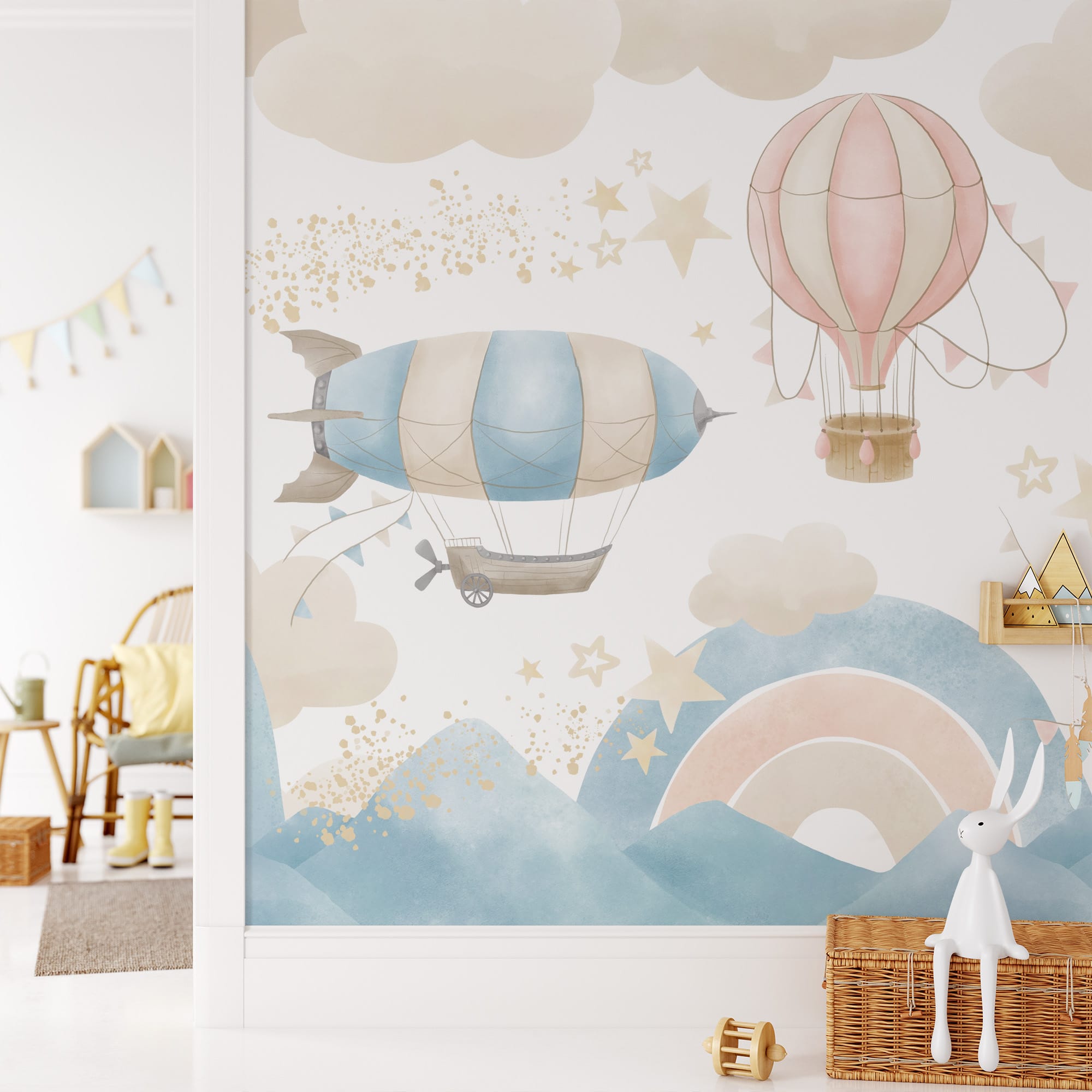 Watercolor Vintage Airship and Hot Air Balloon Peel and Stick Wallpaper, Dreamy Sky and Mountain Nursery Wall Mural
