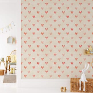 Watercolor Pink Hearts Kids Wallpaper Peel and Stick, Neutral Beige Nursery Wall Mural, Minimalist Heart Pattern Decor