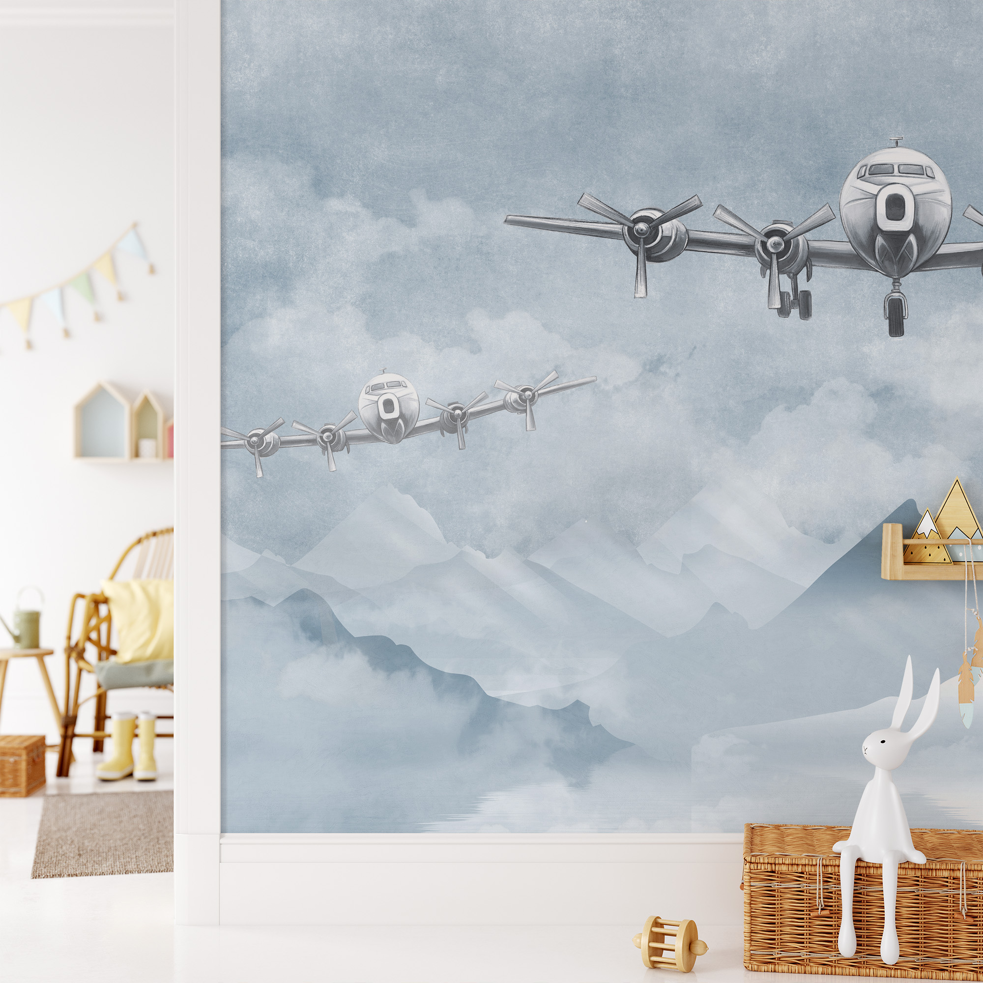 Modern Vintage Airplane and Clouds Peel and Stick Wallpaper, Aviation Themed Kids Room Wall Mural