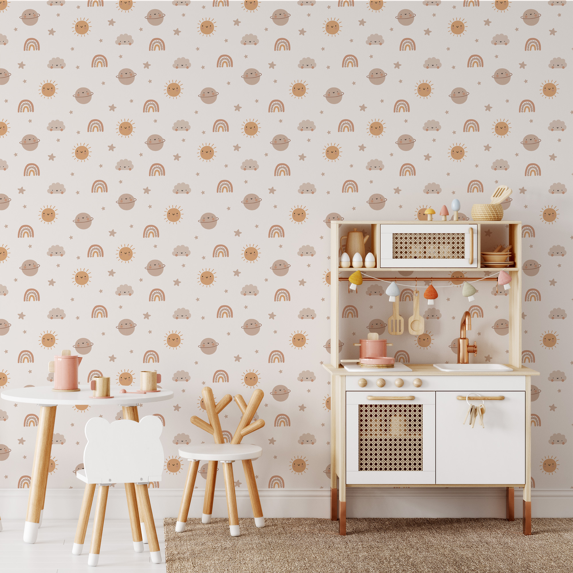 Happy Boho Space and Galaxy Nursery Peel and Stick Wallpaper, Neutral Terracotta Planet Wall Mural for Kids Room