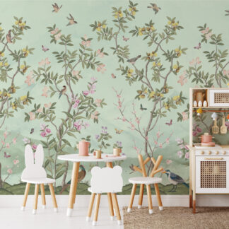 Mint Green Chinoiserie Bird and Fruit Tree Peel and Stick Wallpaper, Vintage Botanical Citrus Wall Mural, Fresh Nature Laundry Room Decor
