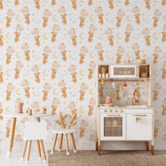 Whimsical Fox with Balloons and Moon Kids Peel and Stick Wallpaper, Neutral Boho Nursery Wall Mural, Playful Animal Decor