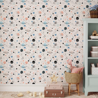 Modern Galaxy and Space Planets Kids Peel and Stick Wallpaper, Minimalist Starry Night Nursery Wall Mural