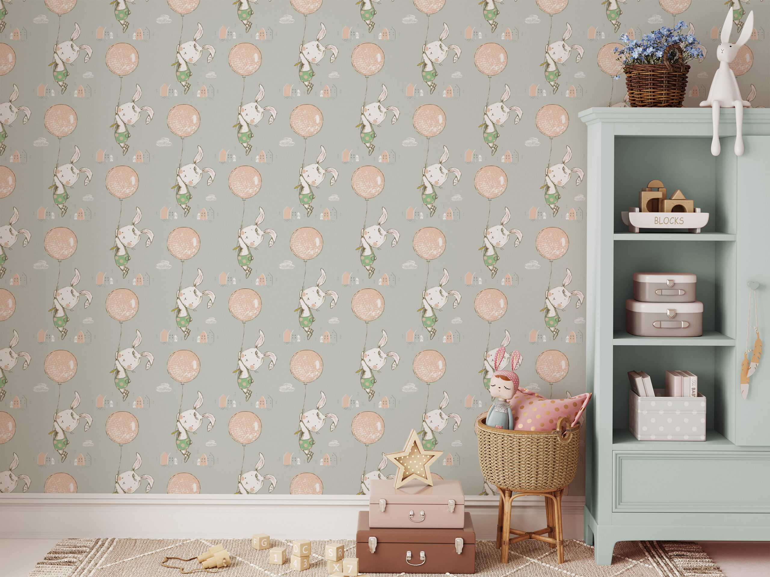 Whimsical Bunny with Pink Balloon Kids Peel and Stick Wallpaper, Soft Mint Scandi Nursery Wall Mural, Playful Animal Decor